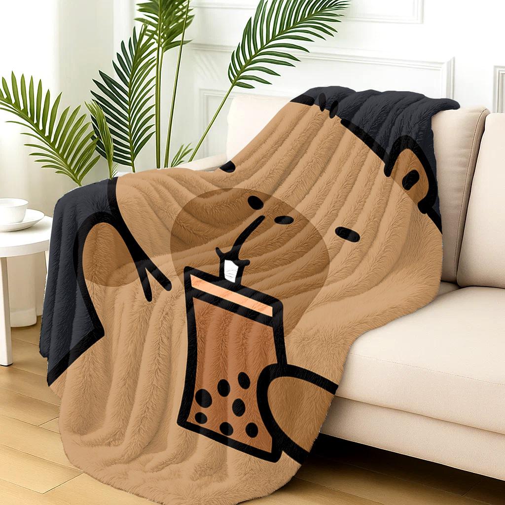 VIKAMA Cute Capybara and Bubble Tea Pattern Blanket, Made of Polyester, Machine Washable, Suitable for Bedroom and Living Room