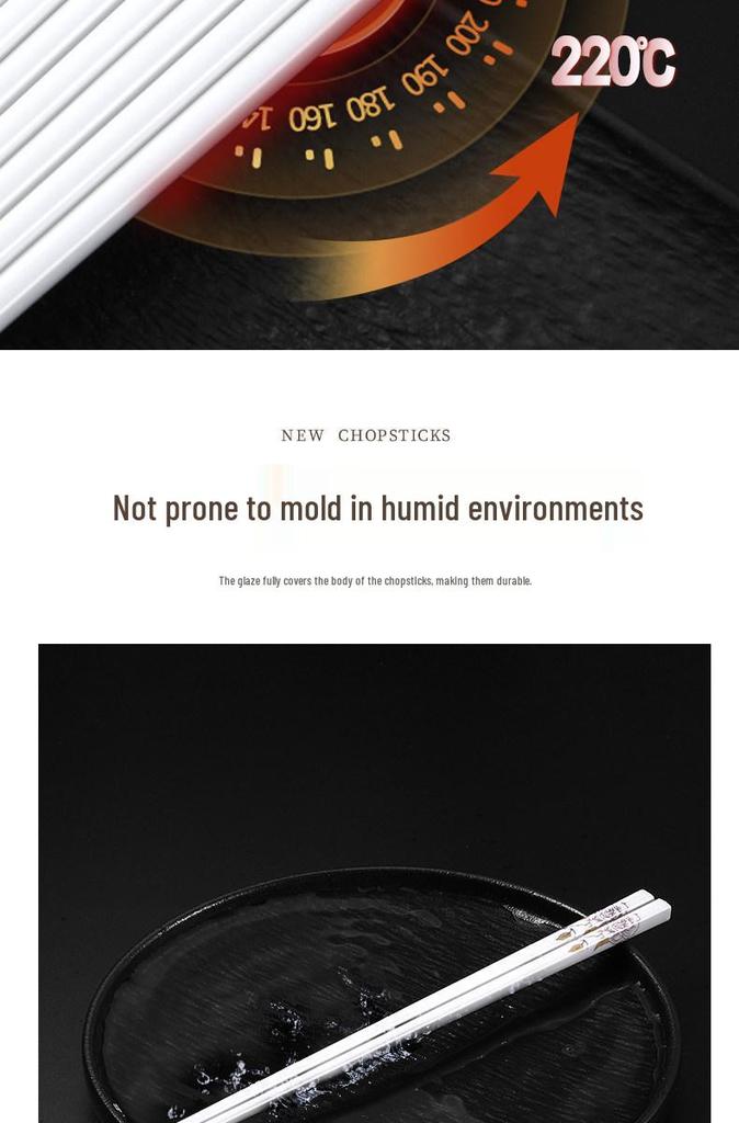Anti-Slip Ceramic Chopsticks, Mold-Resistant, Easy to Clean, High Temp Resistant, Chinese Style, 10 Pairs