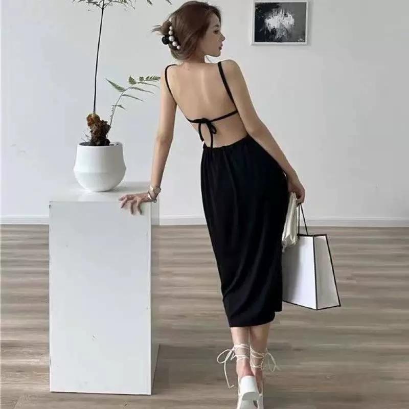 Midi Backless Dress Women Hollow Out Summer Bandage Sexy Beach Spaghetti Strap Casual Dresses