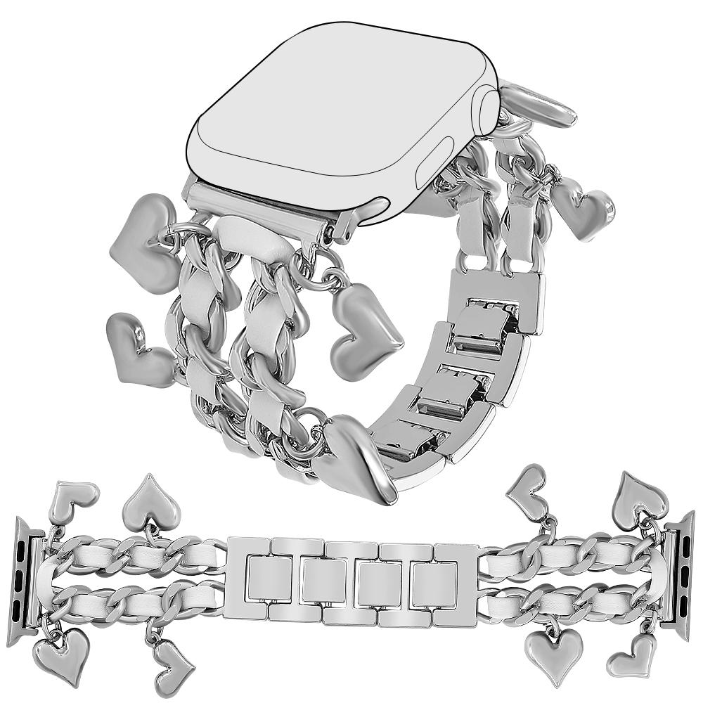 

Watch Strap for Apple Watch Series 10 Ultra 9 8 7 SE 6 5 4 3 2 1 46mm 49mm 45mm 44mm 42mm Alloy+Leather Band with Heart Pendant Silver