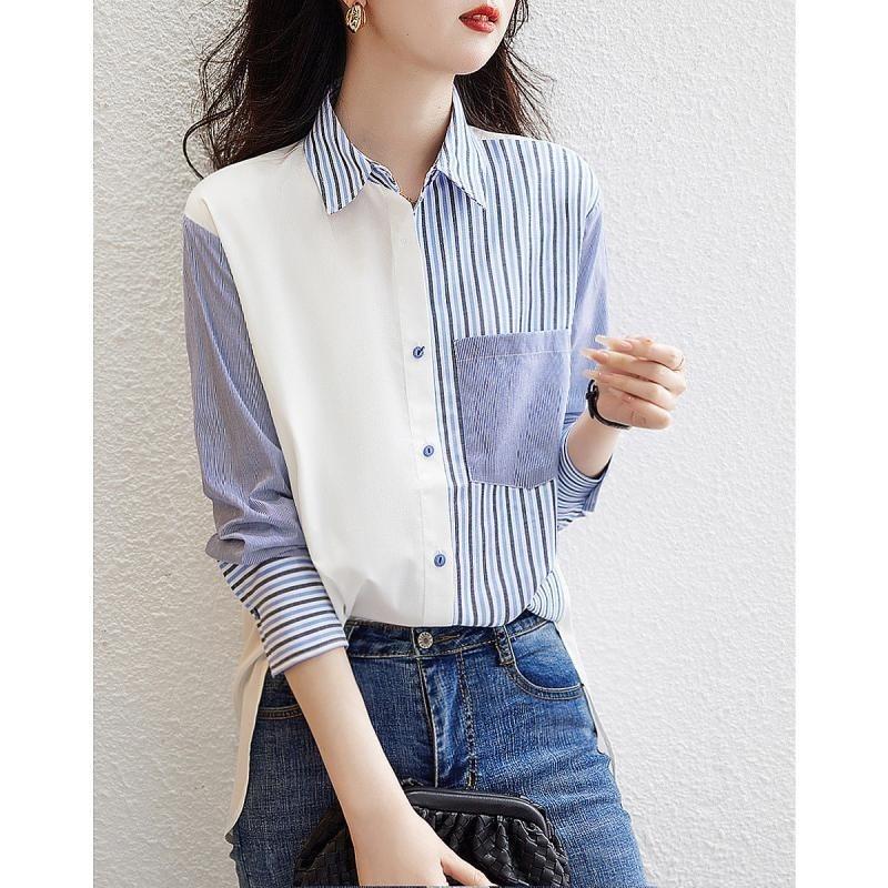 Women Patchwork Vertical Striped Loose Long Sleeve Shirt