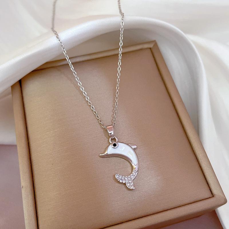 Light Luxury Micro-Inlaid Dolphin Color Shell Oil Dripping Necklace Women'S New Collarbone Chain Light Luxury Niche Design Sense