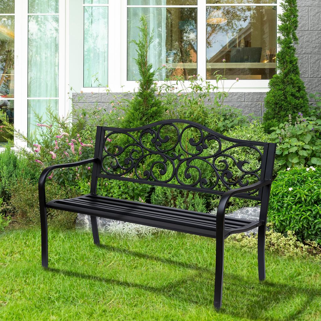 Metal Garden Bench with Floral Backrest and Armrests - Black