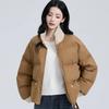 Womens Warm Puffer Coat Short Loose Fit High Neck Cotton Winter Jacket Yellow Caramel Color