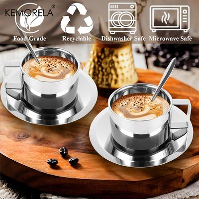 1 Stück Edelstahl-Espressotassen 200 ml doppelwandige Becher mit Untertassen & Löffeln Thermische Kaffeetassen für Latte Cappuccino Tee