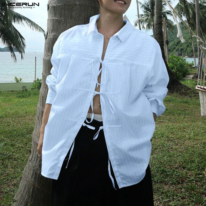 INCERUN Men Lapel Neck Long Sleeve Striped Print Bow Knot Casual Oversized Shirts