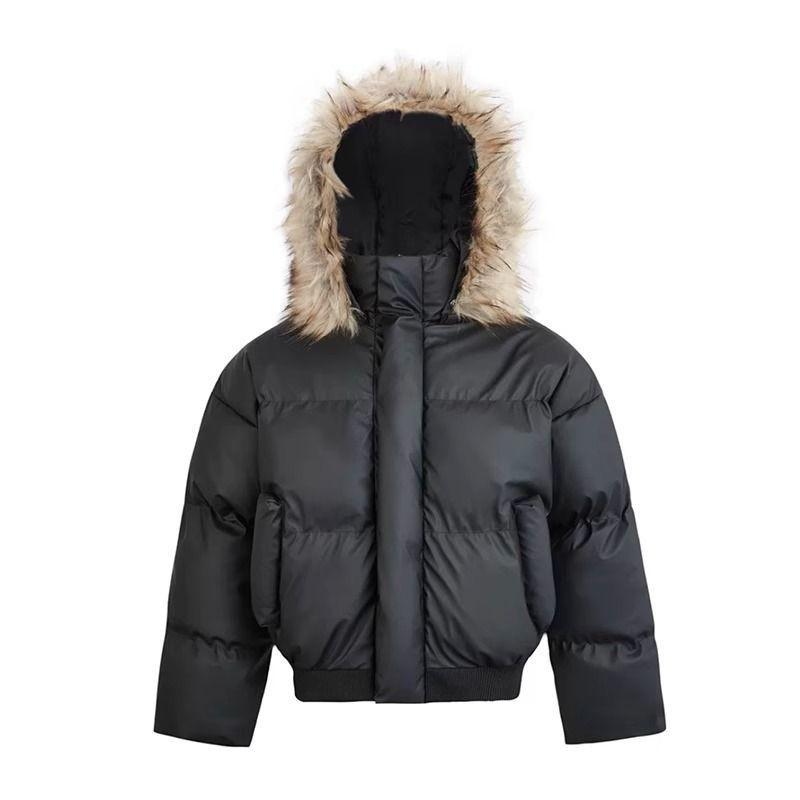 Womens Oversized Hooded Puffer Jacket With Faux Fur Trim Winter Warm Cotton-Padded Coat Short Length