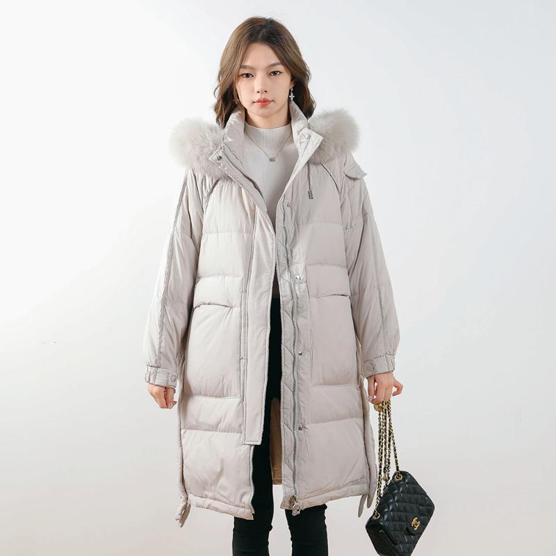 Feather 90 Down Women's Solid Color Hooded Medium and Long Women's Clothing Thickened Fox Fur White Duck Down Jacket