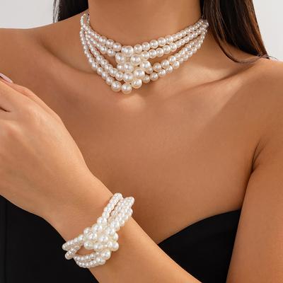 Collier tempérament perles imitation nouées empilées mode chaîne de clavicule multicouche à perles