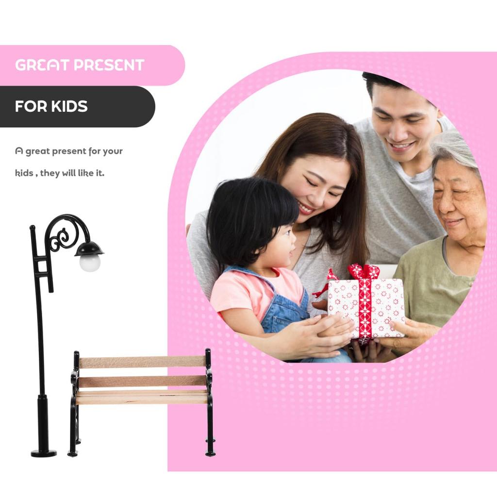 Ifundom Miniature Park Bench Set with Mini Street Light Post for DIY Dollhouse, Miniature Garden Furniture, 9.00 X 3.00 X 1.00cm, Desktop Decor