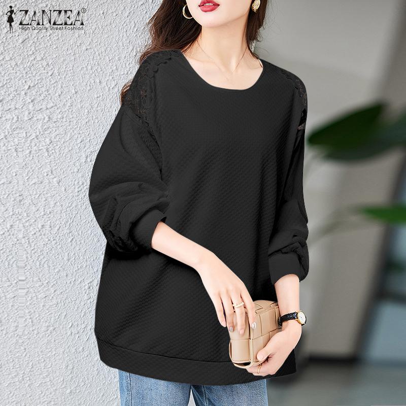 

ZANZEA женская свободная однотонная блузка с круглым вырезом и длинными рукавами из кружевной мышечной ткани