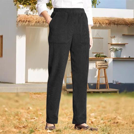 Corduroy Casual Pants Elastic Waist Women Long Pants with Pockets Solid Color Straight Leg Commuting Office Travel Slacks