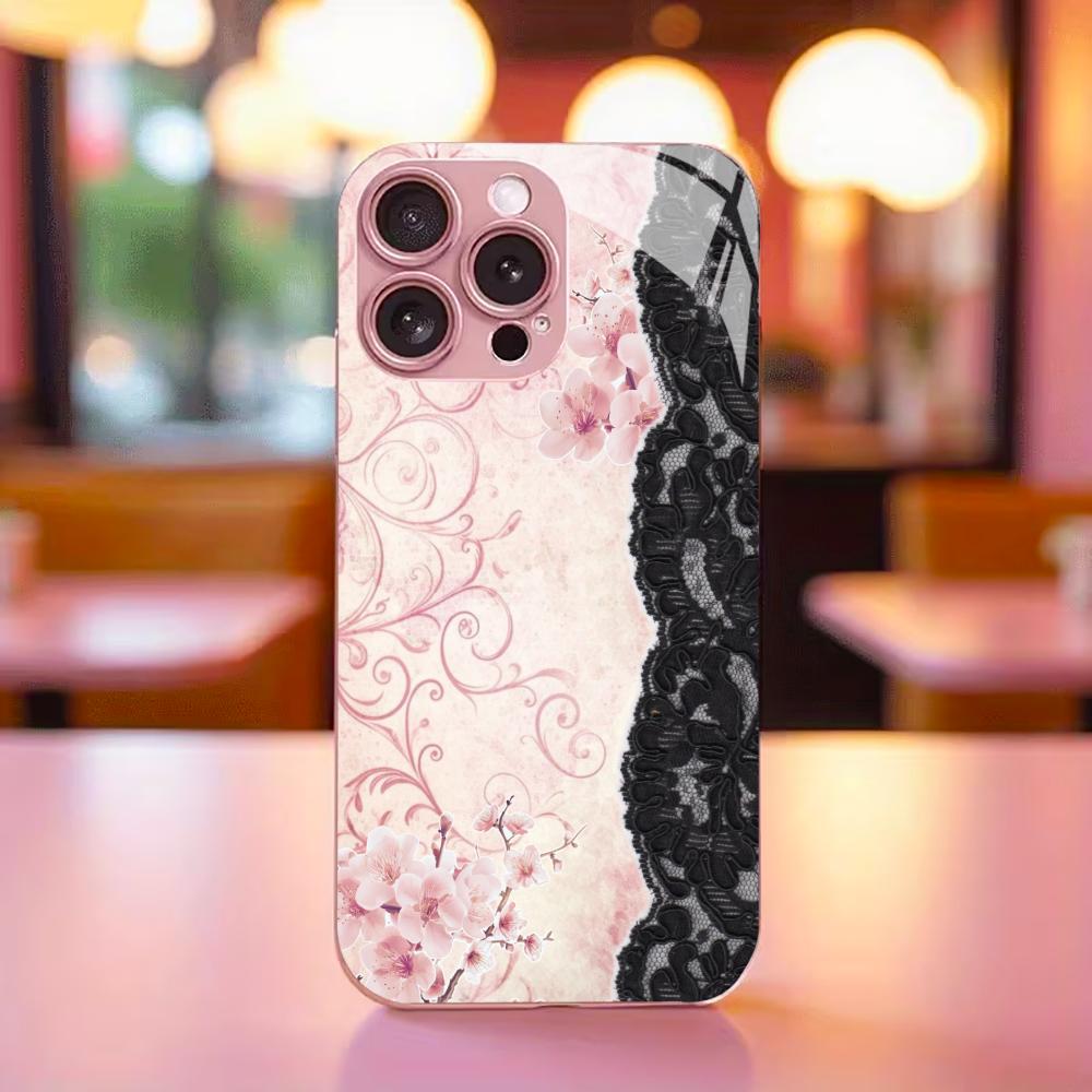 Luxury Pink Floral Lace Split phone case mobile phones for iphone 17 pro max cover Glass for iPhone 17 16 15 14 13 12pm Pro Plus