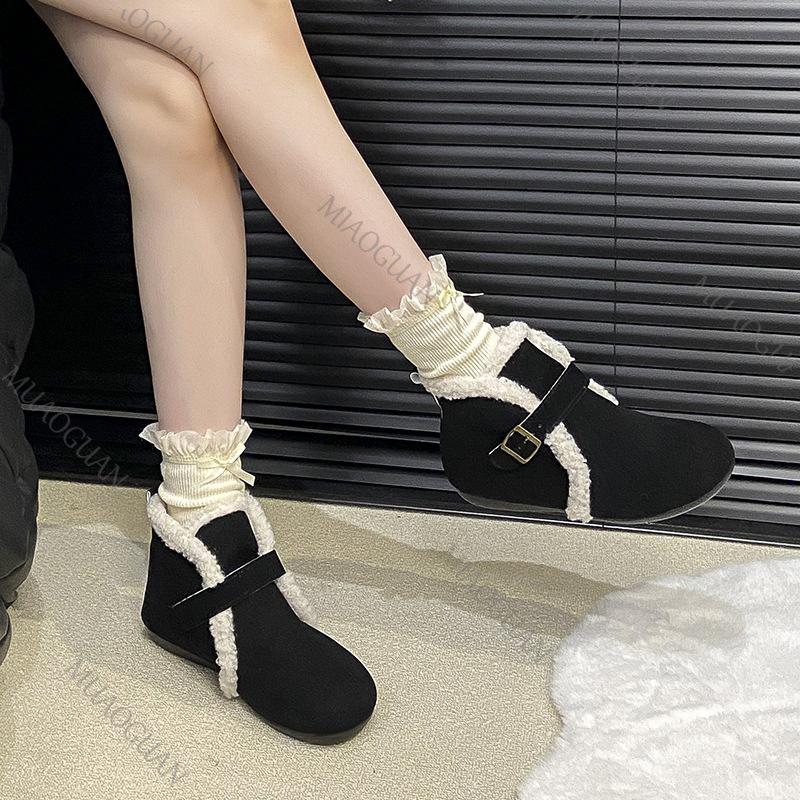 Fashion Winter New Belt Buckle Women Cotton Shoes Casual Flat Bottom Comfortable Botines Padded Outer Velvet Short Snow Boots Females