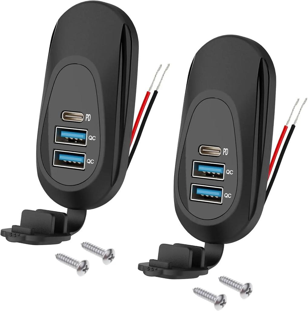3-Ports 12V-24V Car Charger USB Outlet Type-C PD3.0 Dual QC3.0 Panel Wall Surface Mount Fast Charger Adapter for RV Marine Bus