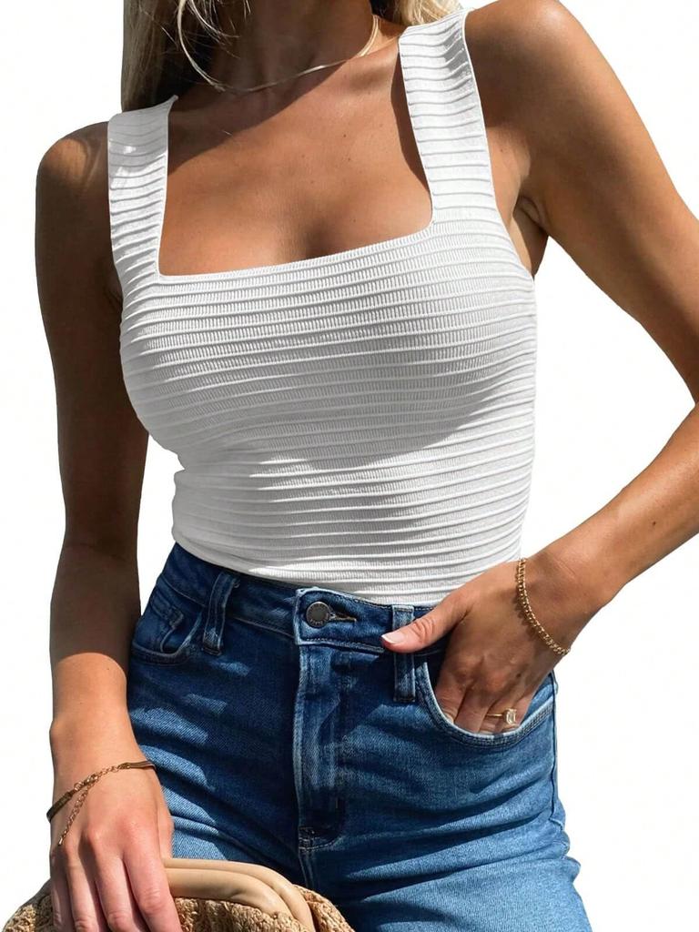 Women's Ribbed Tank Top Square Neck Slim Fit Sleeveless Summer Knit Shirt