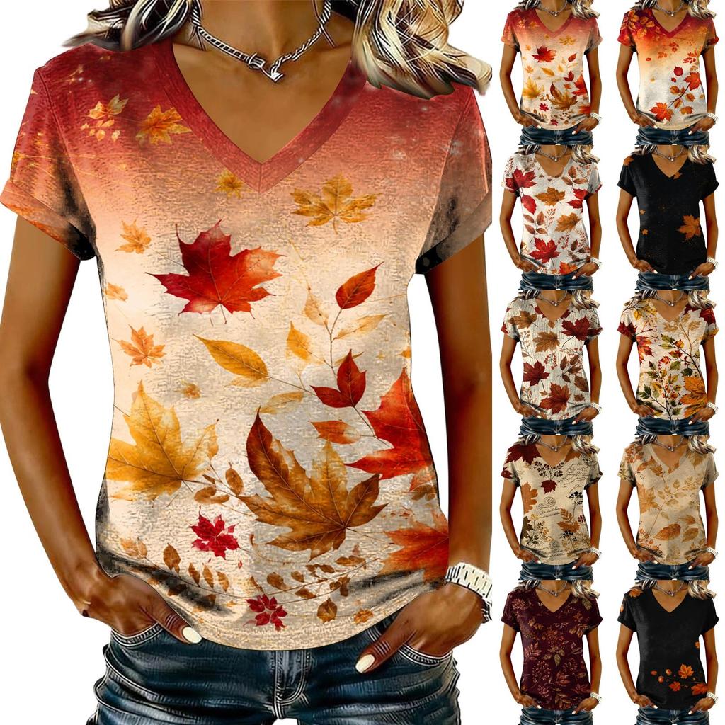 Women's Casual V-Neck Short Sleeve Top with Maple Leaf Print