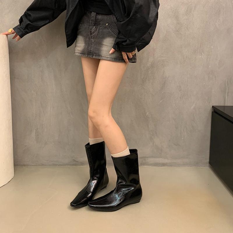 Designer Square Toe Women Slimming Knight Boots Elegant Female Slip On Wedges Low Heel Mid Calf Booties Zapatos De Mujer