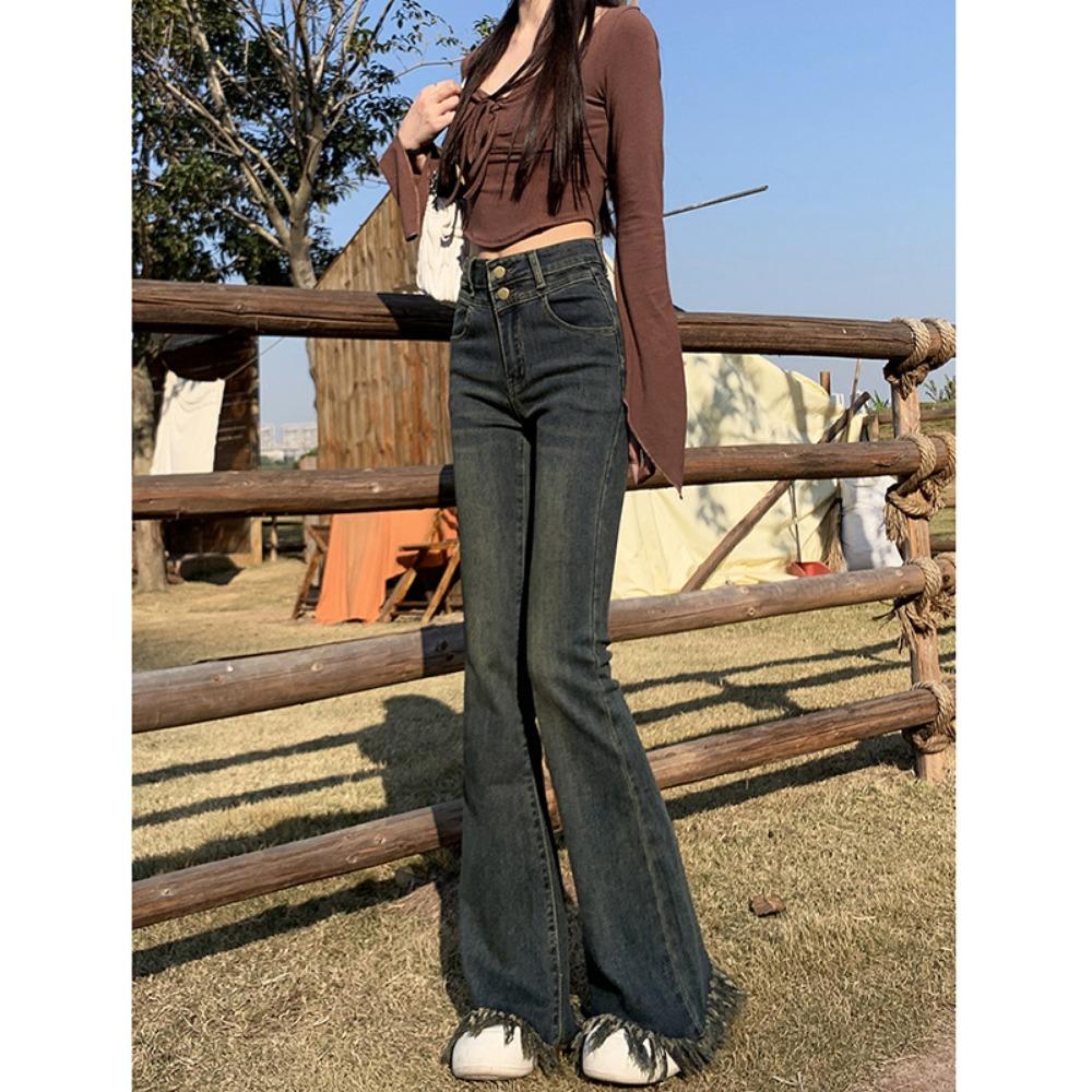 Slight jeans women's autumn and winter new rough-edged horseshoe pants versatile high-waisted thin fringed flared pants tide