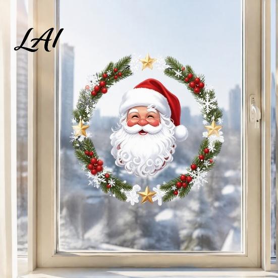 Waterproof PVC Ornaments Christmas Window Clings Cute Santa Claus Wreath Sticker Cartoon Holiday Glass Decals Static Decal for Office Shop