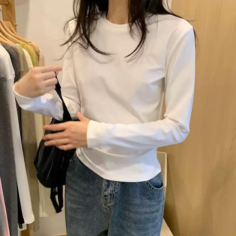 Round Neck Solid Base Layer Women Spring Autumn Winter Layering Slim Long Sleeve Tee Top