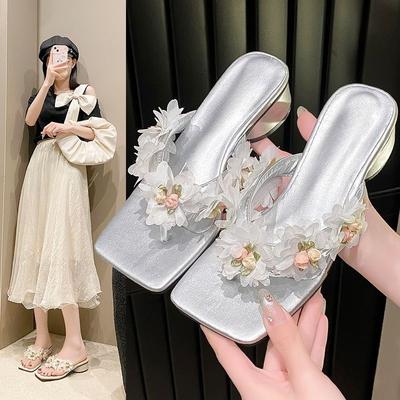 Mode Temperament Eckige Zehenpartie Blockabsatz Pantoletten Sommer Neu Offene Zehenpartie Überkreuzriemen Blume Rutschfest Kitten Heel Schuhe