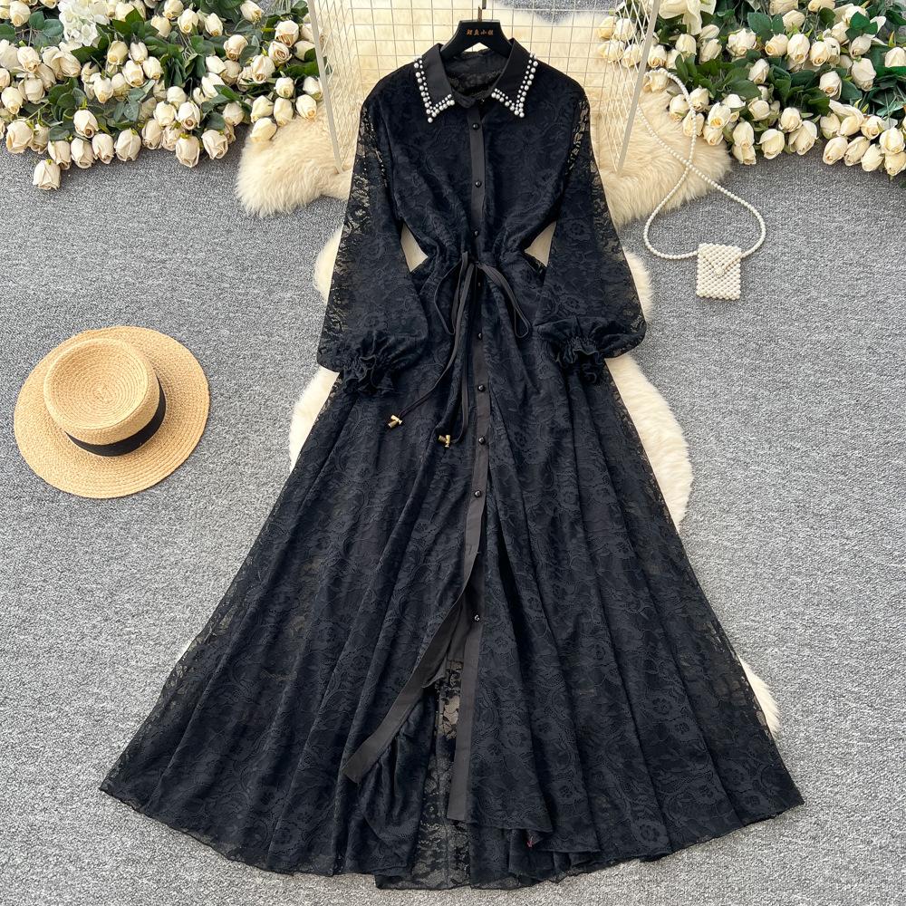 French Temperament Elegant Heavy Industry Bead Lapel Lantern Sleeve Single-breasted Strap Waist Thin Lace Dress Women