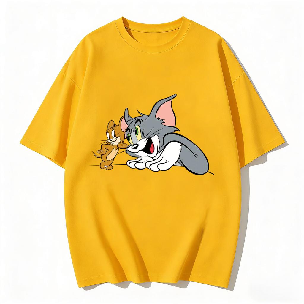 2026 New Tom Jerry Print Tshirt Casual Loose Couple Family Matching Outfits Short Sleeve Cotton Tee Summer Streetwear Tops Y2k