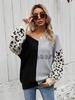 Temperament Commuter Splicing V-Neck Knitted Sweater Women's Loose Medium Thin Leopard Print Pullover Long Sleeve Single Top