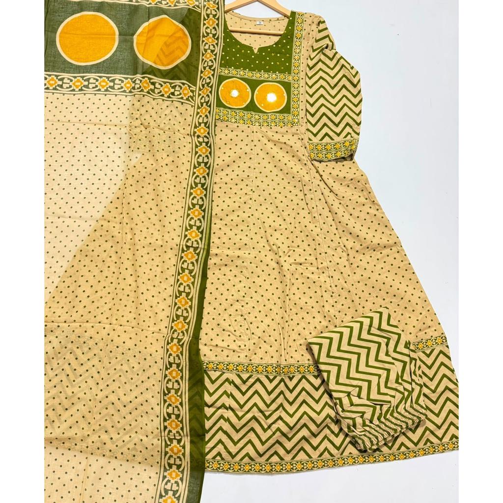 Beautiful Cotton Anarkali Kurti Pant Dupatta Set Indian Designer Top Kurta Set