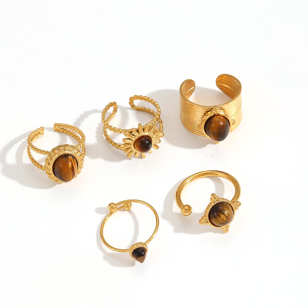 Vintage Natural Tiger's-eye Stone Geometric Gold Plated Stainless Steel Ring Trendy Fashion Ring Jewelry