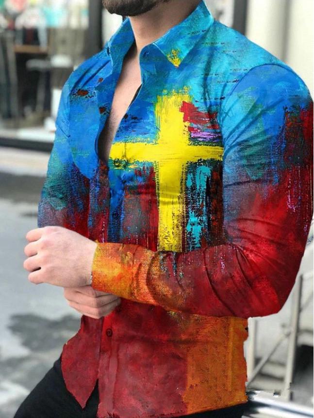 2025 European & American Men's Casual Plus Size Printed Long-Sleeve Shirt