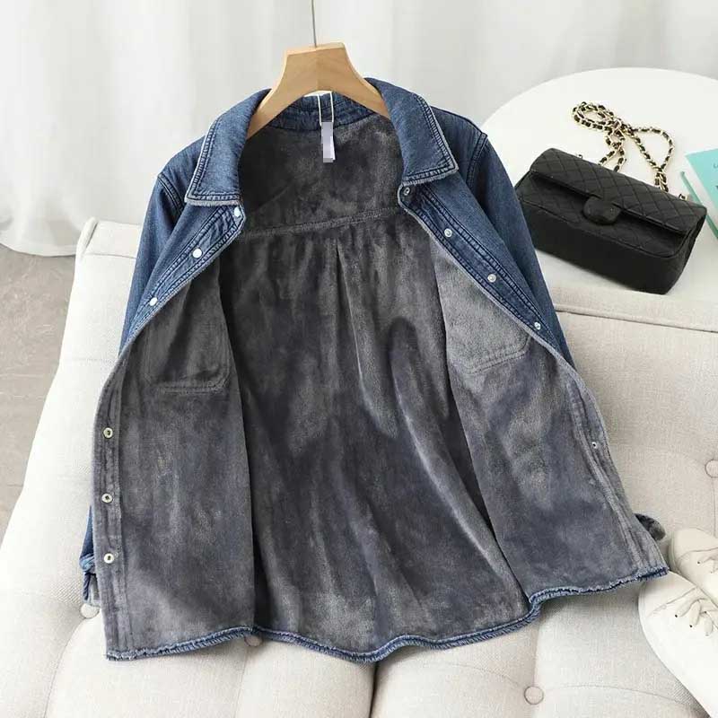 Denim Jacket Shirt Cotton Women Winter Padded Warm Double Layer Vintage Padded Warm Jacket