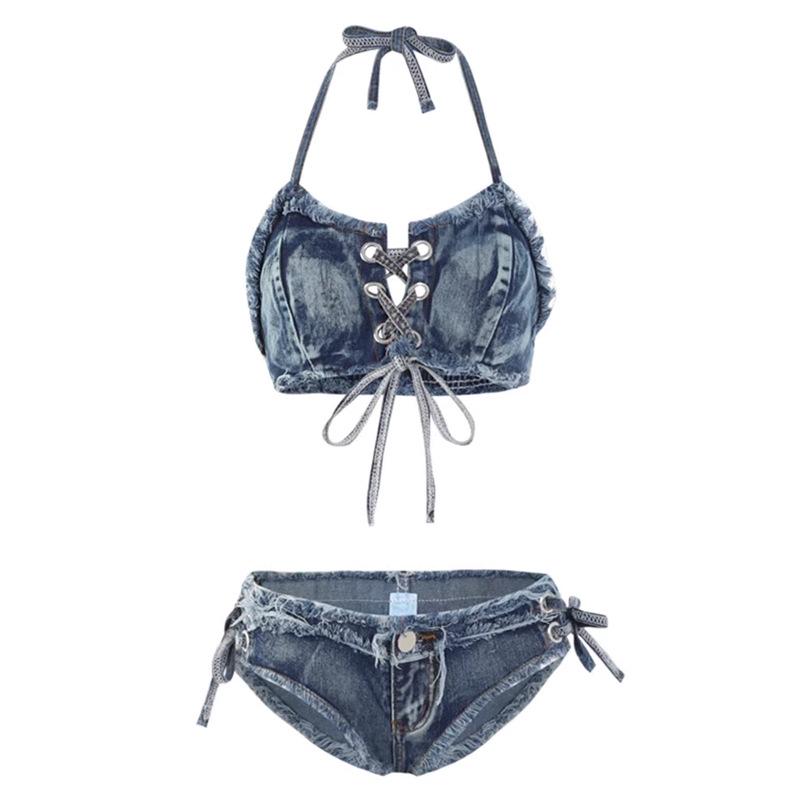 Spicy European & American Denim Bikini: Sexy Summer Two-Piece for Women with Tie-Up Detail