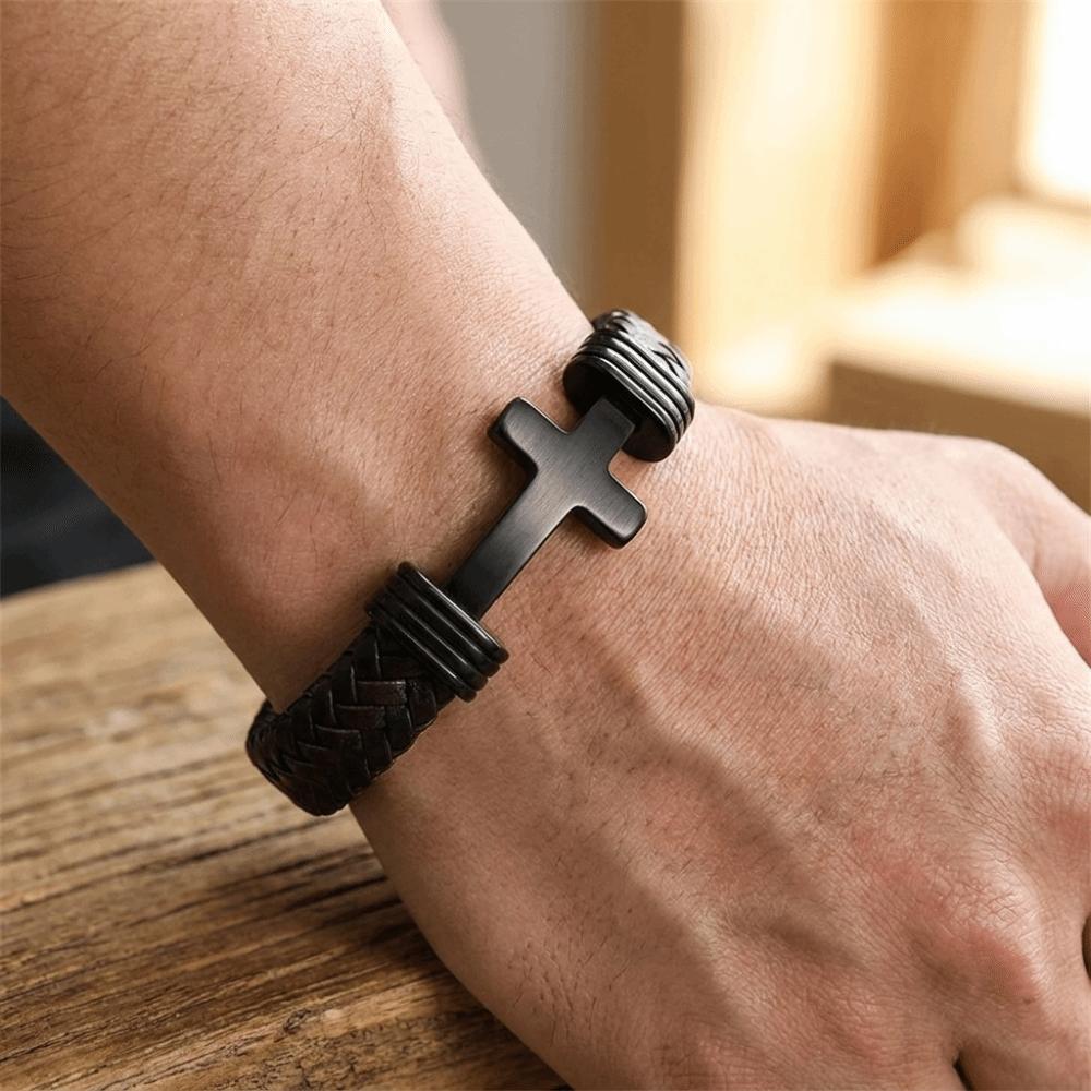Magnetic Buckle Cross Leather Bracelet Multi-Strand Braiding Christian Bracelet Gift for Boyfriend