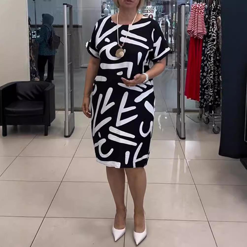 2024 Autumn Women's V-Neck Short-Sleeve Loose Fashion Dress with European and American Prints