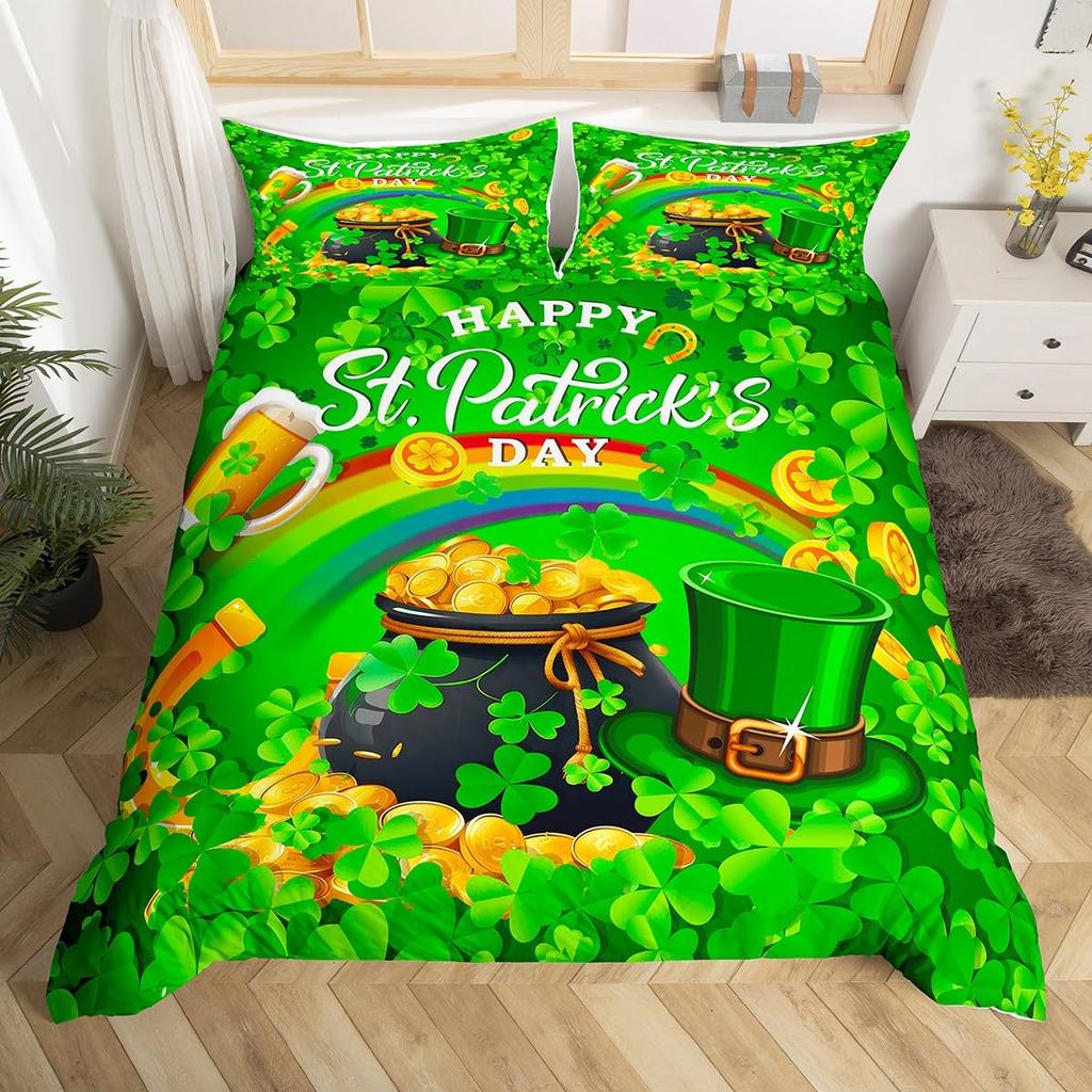 St. Patrick's Day Duvet Cover Queen Cartoon Green Clover Leaves Quilt Cover Holiday Spring Lucky Theme Bedding Set for Dorm Room