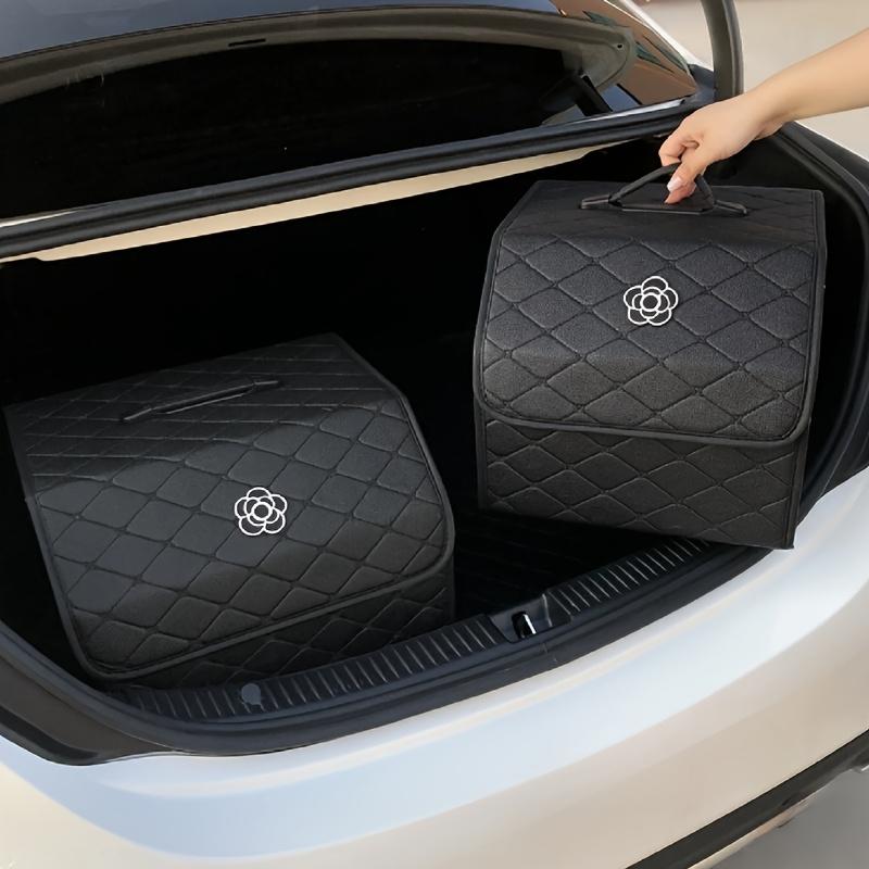 1pc Camellia Fashion Car Trunk Organizer, White Diamond Pattern with Handle and Camellia Logo