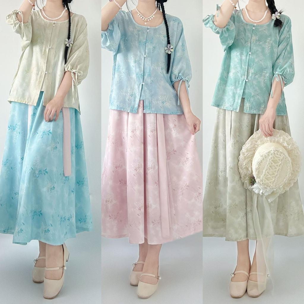 Chinese Tang Dynasty Style Hanfu Printed Tang Robe Top Waist Skirt Modified Daily Suit For Women