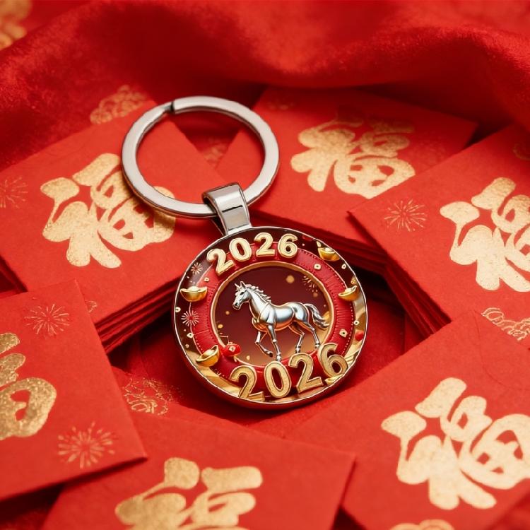 Stylish Round Key Holder Displaying Horse Year Theme Crafted from Sturdy Alloy Keychain Accessory for Gift Giving