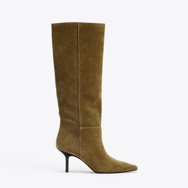 Dames Kniehoge Laarzen Stilettohak Puntige Neus Strak Elegant Herfst/Winter Veelzijdig Mode Schoeisel Dames Middenlaarzen 39 brown