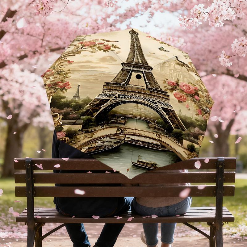 1PC Eiffel Tower Flowers Umbrella-8-Rib Reinforced, Automatic Open, Lightweight & Durable, Cute Fashion Accessory for Outdoor, Beach, or Casual Use, B