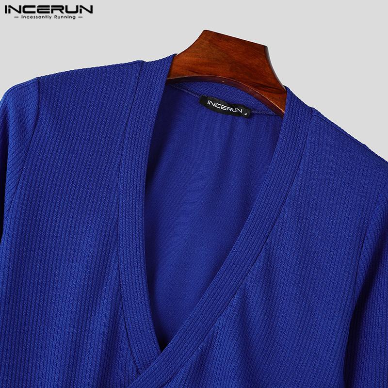 INCERUN Men V Neck Front Cross Long Sleeve Fitted Tops Knitted Rib Undershirts