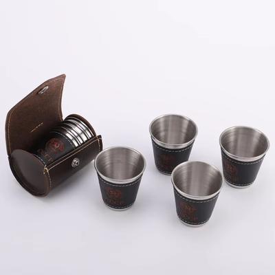 Vodka Cup,304 PU Holster Stainless Steel Wine Tumbler Portable Waist Personalized Liquor Spirits Cup 4pcs 70ml Shot Glass Set