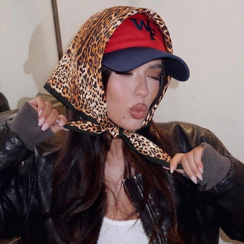 Fashion Square Silk Scarf Classic Leopard Print Hijab UV Protection Sun Shawl Bandana Multi-use Headscarf for Beach Vacation