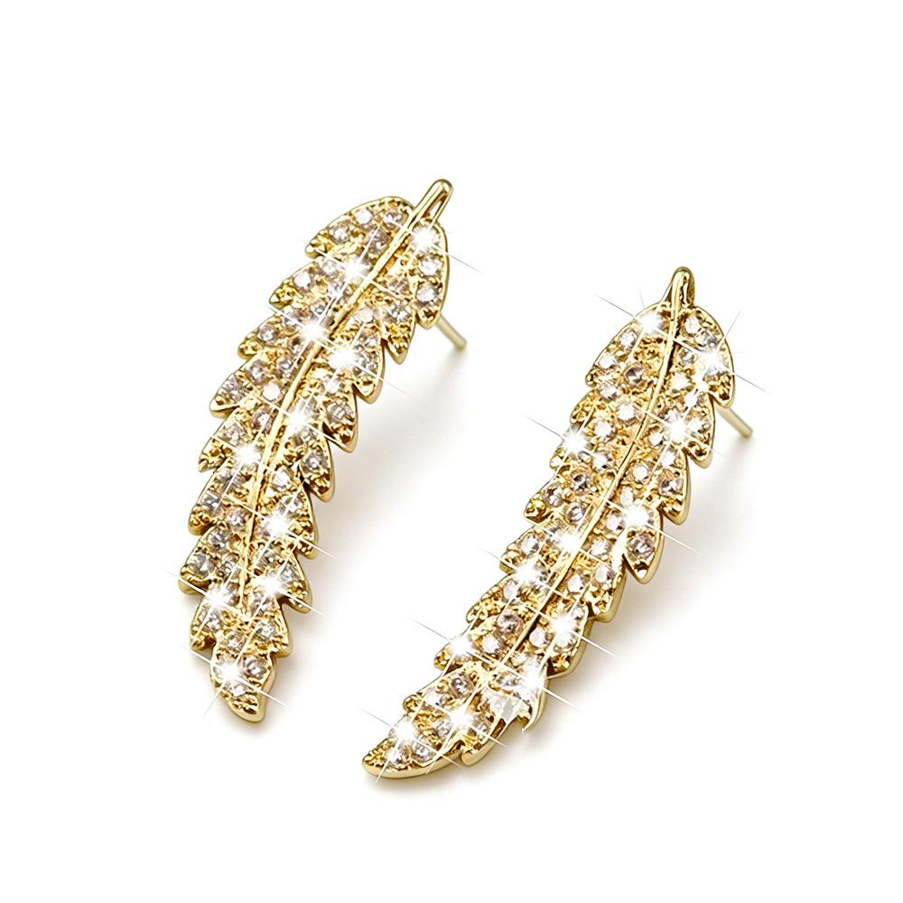 Popular in Europe and the United States, fashionable feather stud earrings, women's micro-inlaid zircon earrings, versatile jewelry