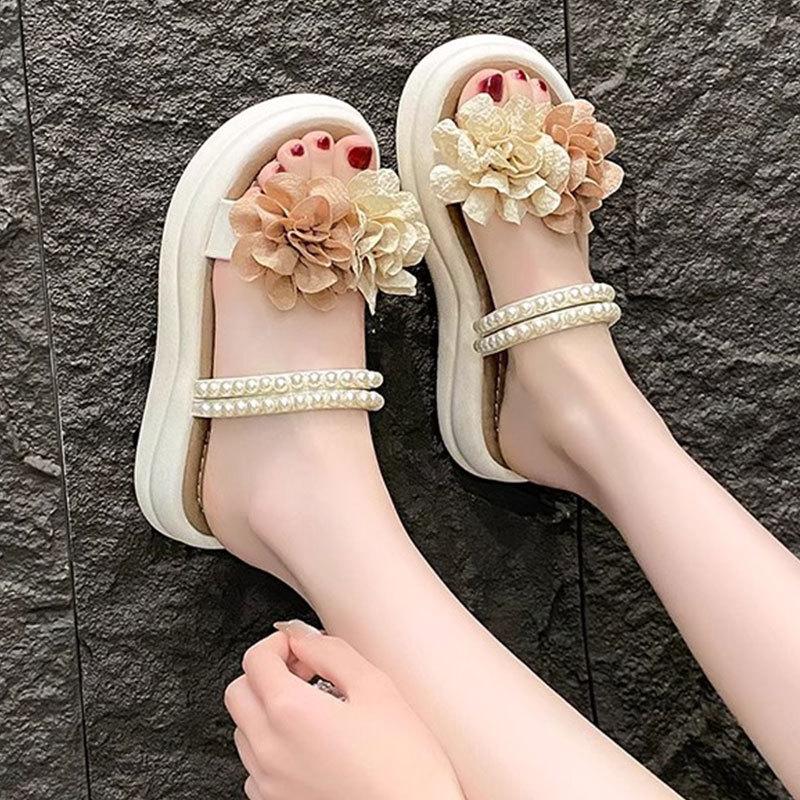 With Skirt, Flower Sandals, Women's 2025 Summer New Fairy Style Versatile Thick-soled French Wedge Heel Flat-soled Roman Shoes