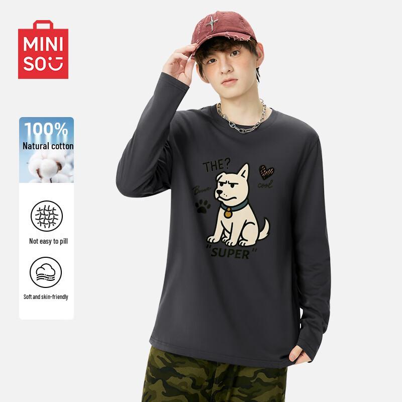 MINISO Men s Heavyweight Pure Cotton Round Neck Long Sleeve T-Shirt L