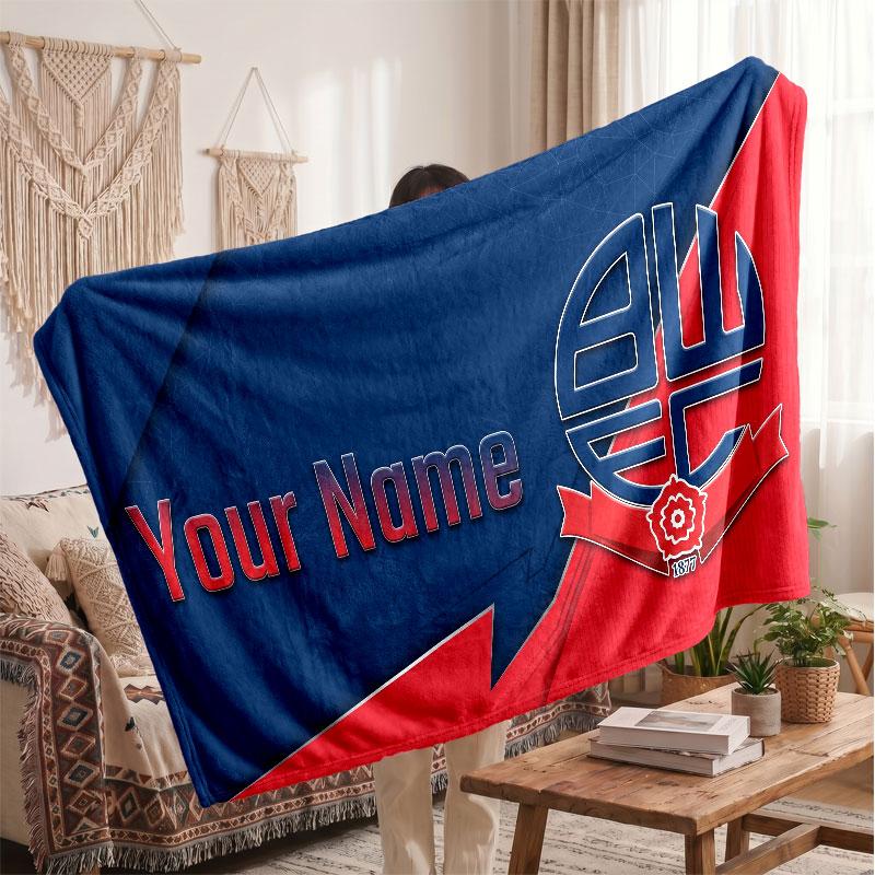 Bolton Wanderers FC Personalized Fleece Blanket With Football Logo, Custom Name Text Soft Warm Home Throw Blanket