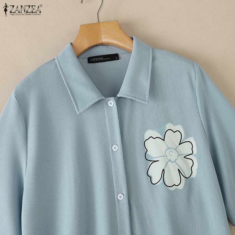 ZANZEA Blusa informal holgada de media manga con cuello vuelto para mujer